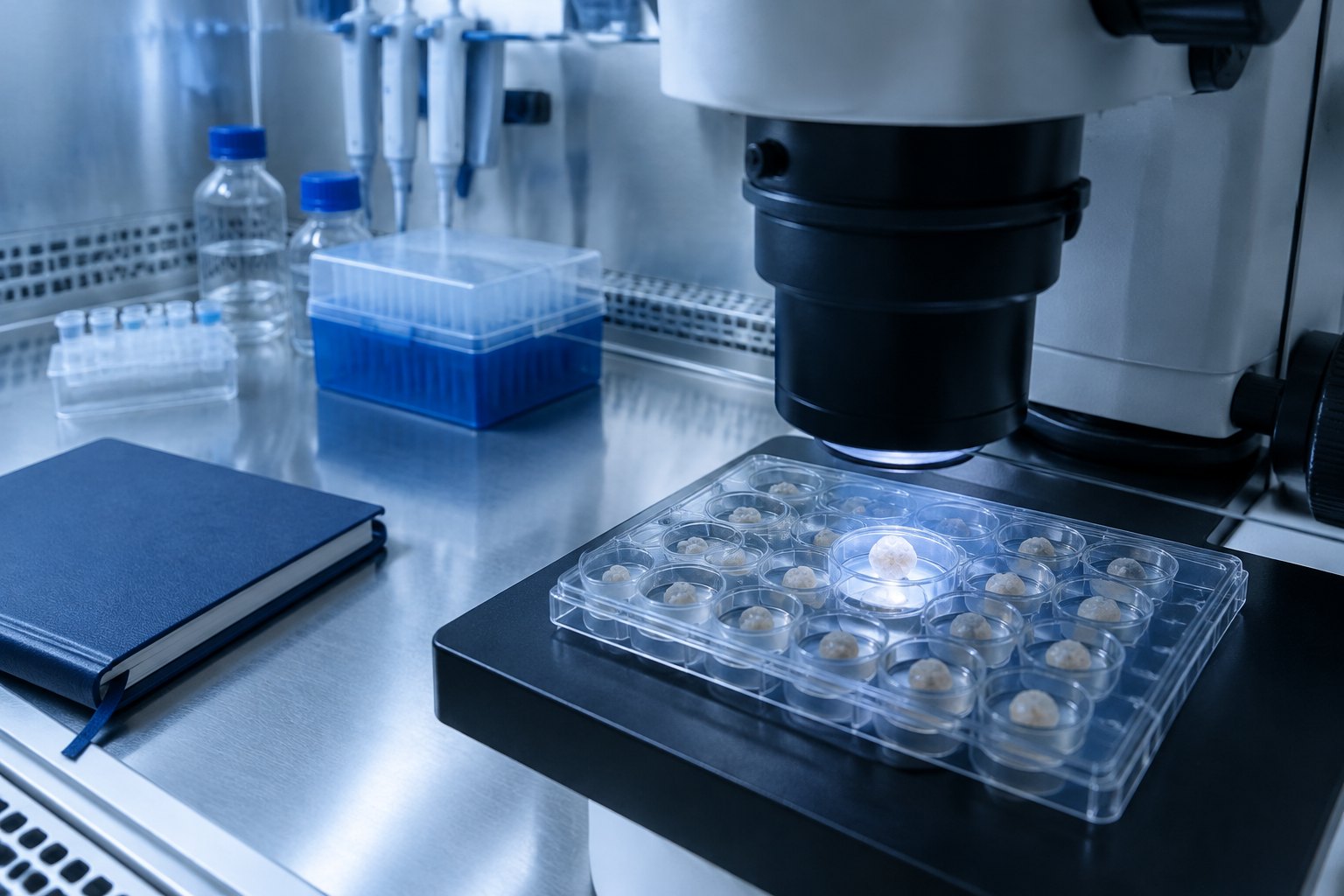 A culture dish of pale organoid spheres on a lab bench beside a handwritten lineage sketch, staged as an illustration of the experiment and not a photograph from the authors' lab